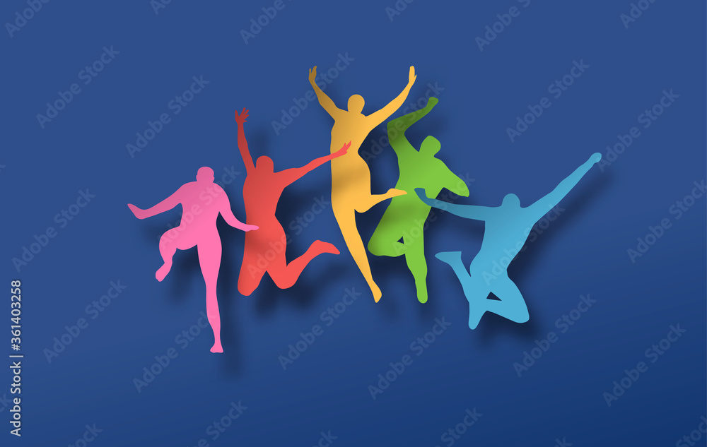 Colorful papercut people in jumping pose