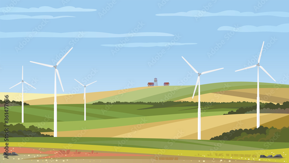夏季田野景观。绿色山丘、蓝天和风力涡轮机的矢量背景。农场场景。