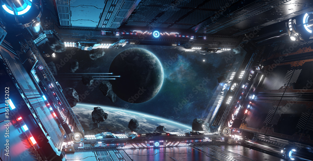 蓝色和红色的未来宇宙飞船内部，行星上的窗户视图3d渲染