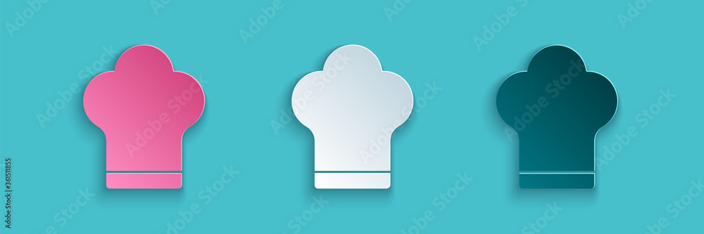 蓝色背景上的剪纸厨师帽图标。烹饪符号。厨师帽。纸艺风格。Vec