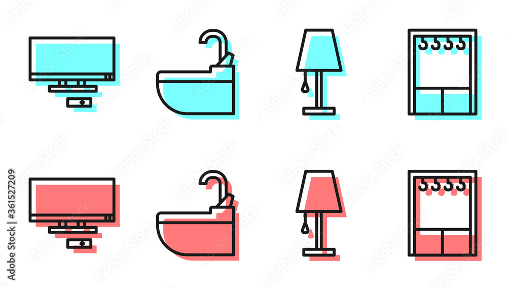 设置行台灯、智能电视、带水龙头的洗手盆和衣柜图标。矢量。