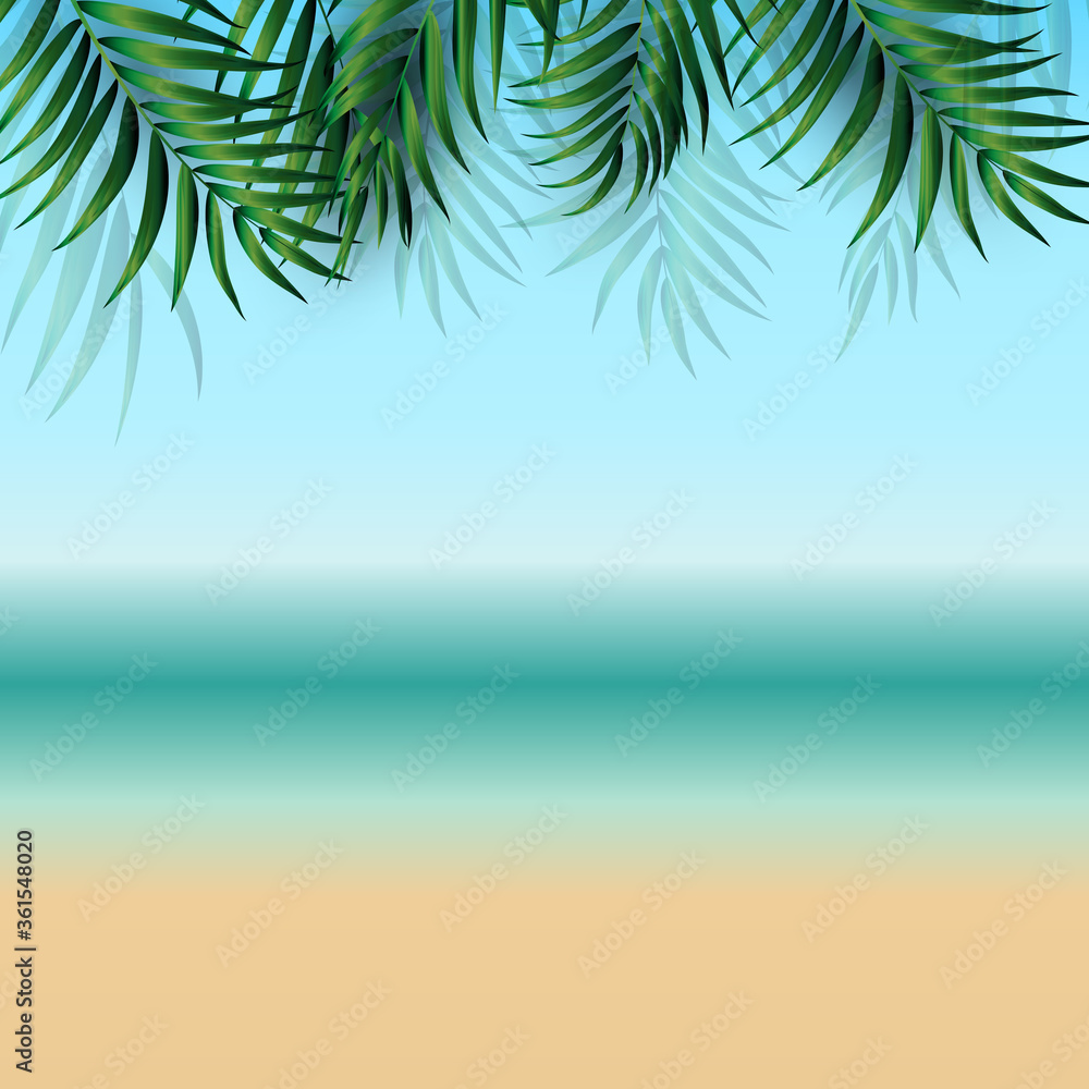 棕榈叶、海滩和海边的抽象夏季背景。矢量插图