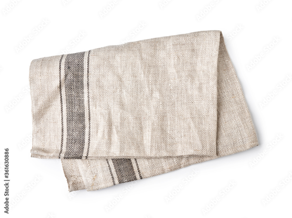 白色背景上隔离的厨房灰色折叠桌布。餐巾纸俯视图。