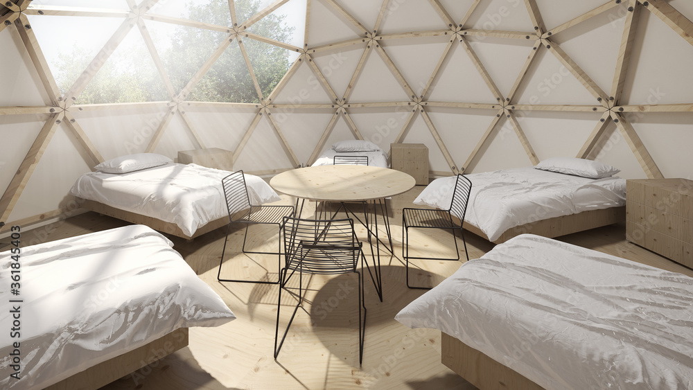 Geodesic dome tent as hotel. Fabric and wood framed yurt structures for, luxurious, upscale glamping
