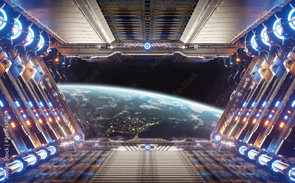 橙色和蓝色的未来宇宙飞船内部，地球上的窗户视图三维渲染