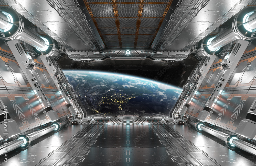 白色和银色的未来宇宙飞船内部，地球上的窗户视图三维渲染