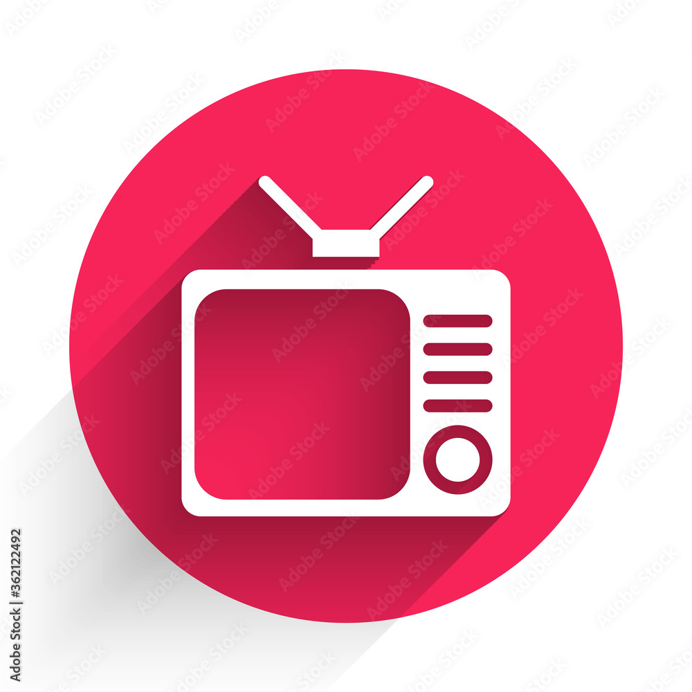 白色复古电视图标与长阴影隔离。电视标志。红色圆圈按钮。矢量插图