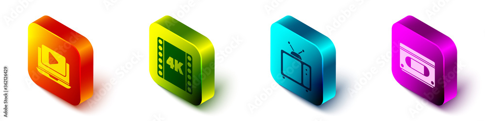 设置等轴测在线播放视频、4k电影、磁带、相框、复古电视和VHS盒式磁带图标.V