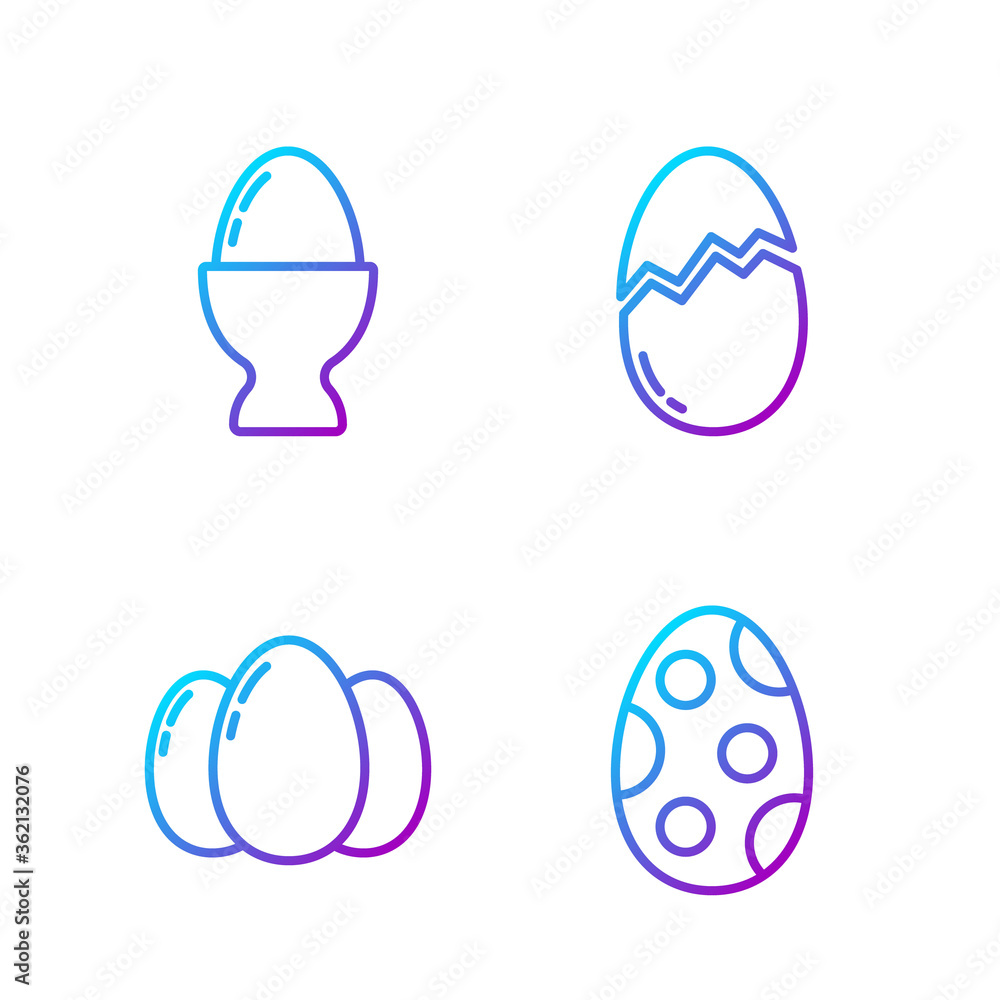 设置复活节彩蛋、复活节彩蛋，复活节彩蛋在支架上和碎鸡蛋。渐变色图标。矢量