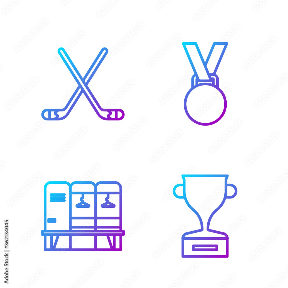 设线奖奖杯、储物柜或更衣室、冰球棍和奖章。渐变色图标。面纱
