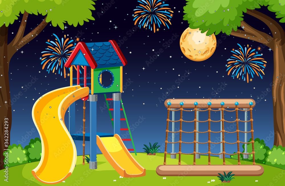 公园里的儿童游乐场，晚上有大月亮和天空中的烟花，卡通风格