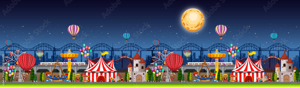 夜间游乐园场景，气球和月亮全景