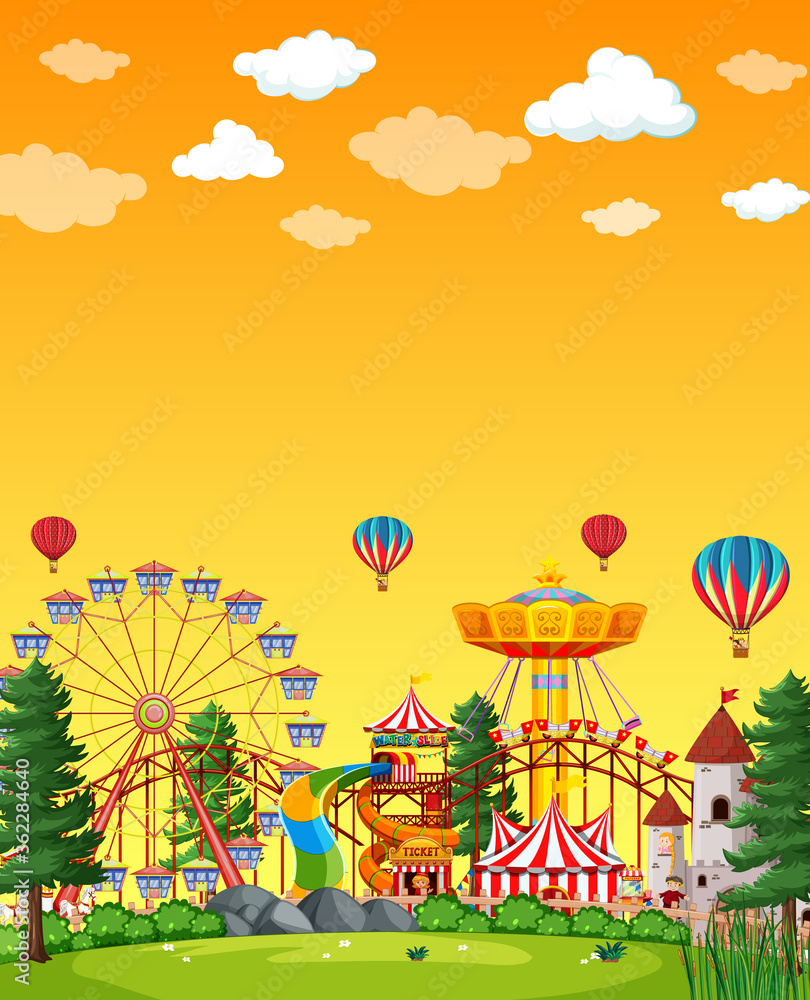 Amusement park scene at daytime with blank yellow sky