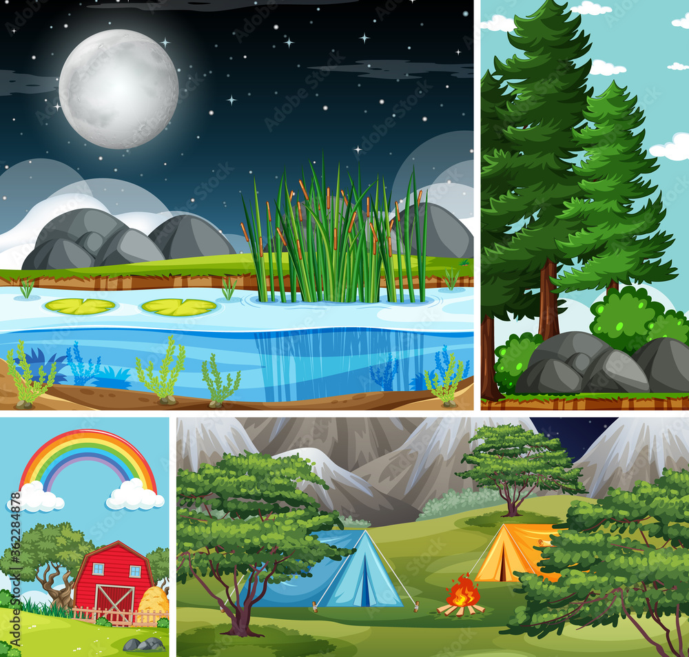 森林和露营卡通风格的四种不同的自然场景