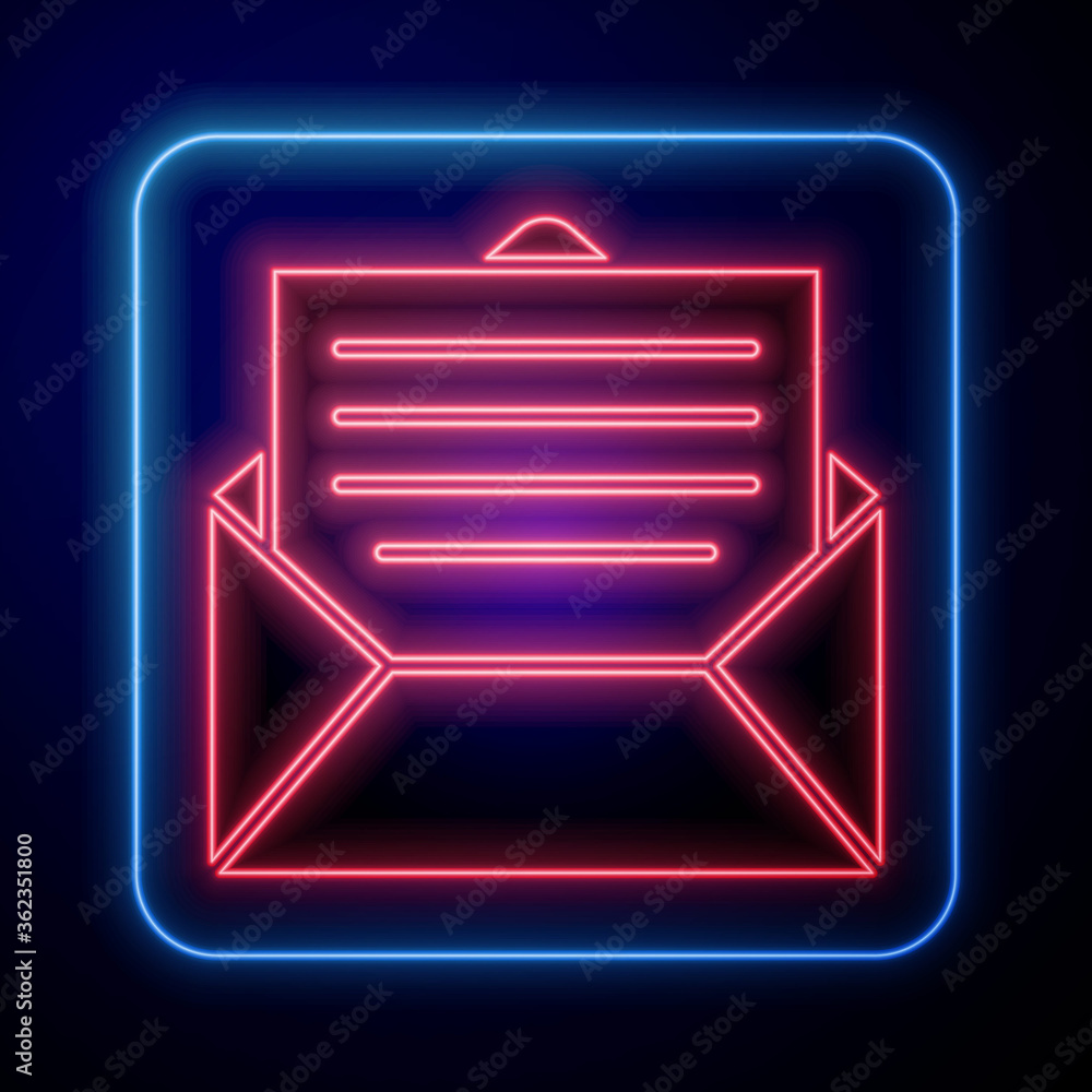 蓝色背景上隔离的发光霓虹灯信封图标。电子邮件字母符号。Vector Illustra