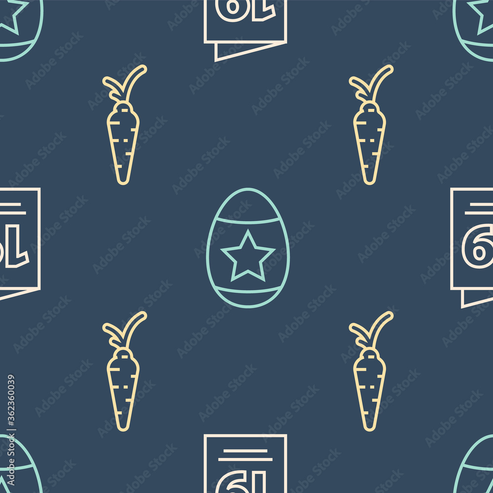 将复活节快乐、胡萝卜和复活节彩蛋的贺卡设置在无缝图案上。矢量。
