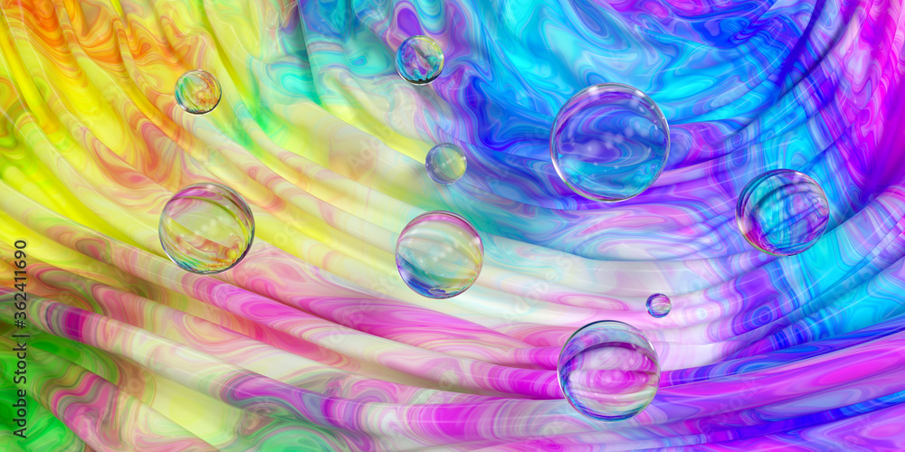 波浪彩色绘画图案气泡球，三维渲染。
