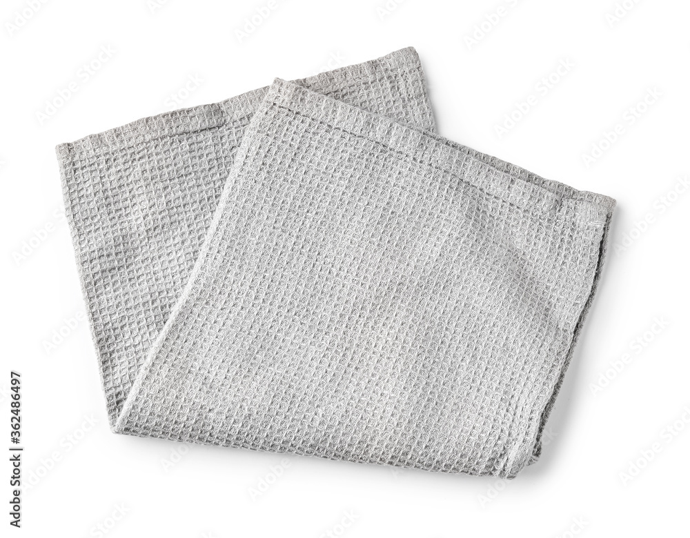 白色背景上隔离的厨房灰色折叠桌布。餐巾纸俯视图。