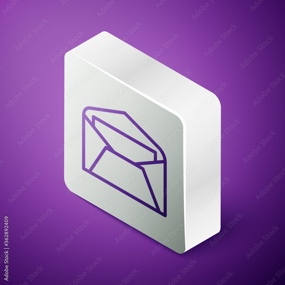 等距线信封图标隔离在紫色背景上。电子邮件字母符号。银色squa