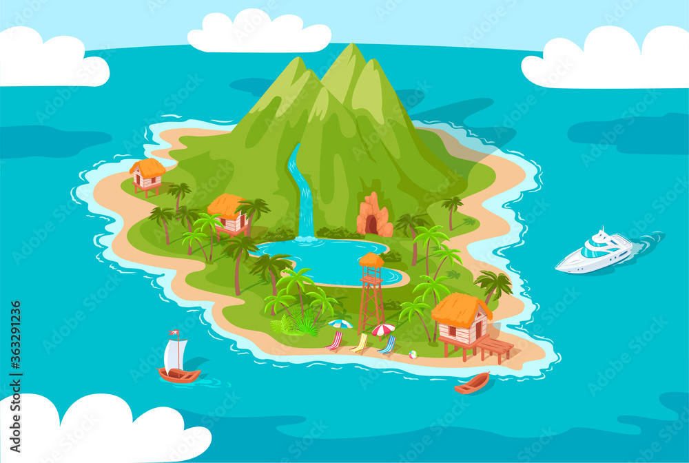 彩色热带岛屿度假区卡通矢量插图