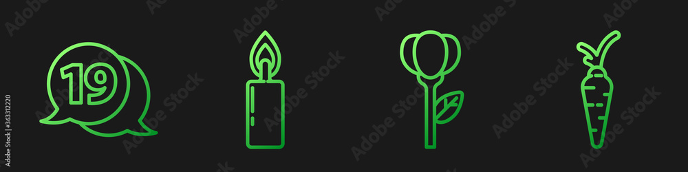 Set line Flower tulip, Speech bubble with happy easter, Burning candle and Carrot. Gradient color ic
