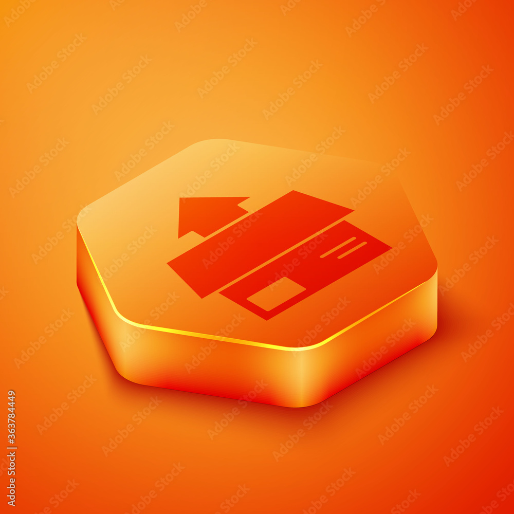 橙色背景上隔离的等距纸箱纸板箱图标。盒子、包裹、包裹标志。美味