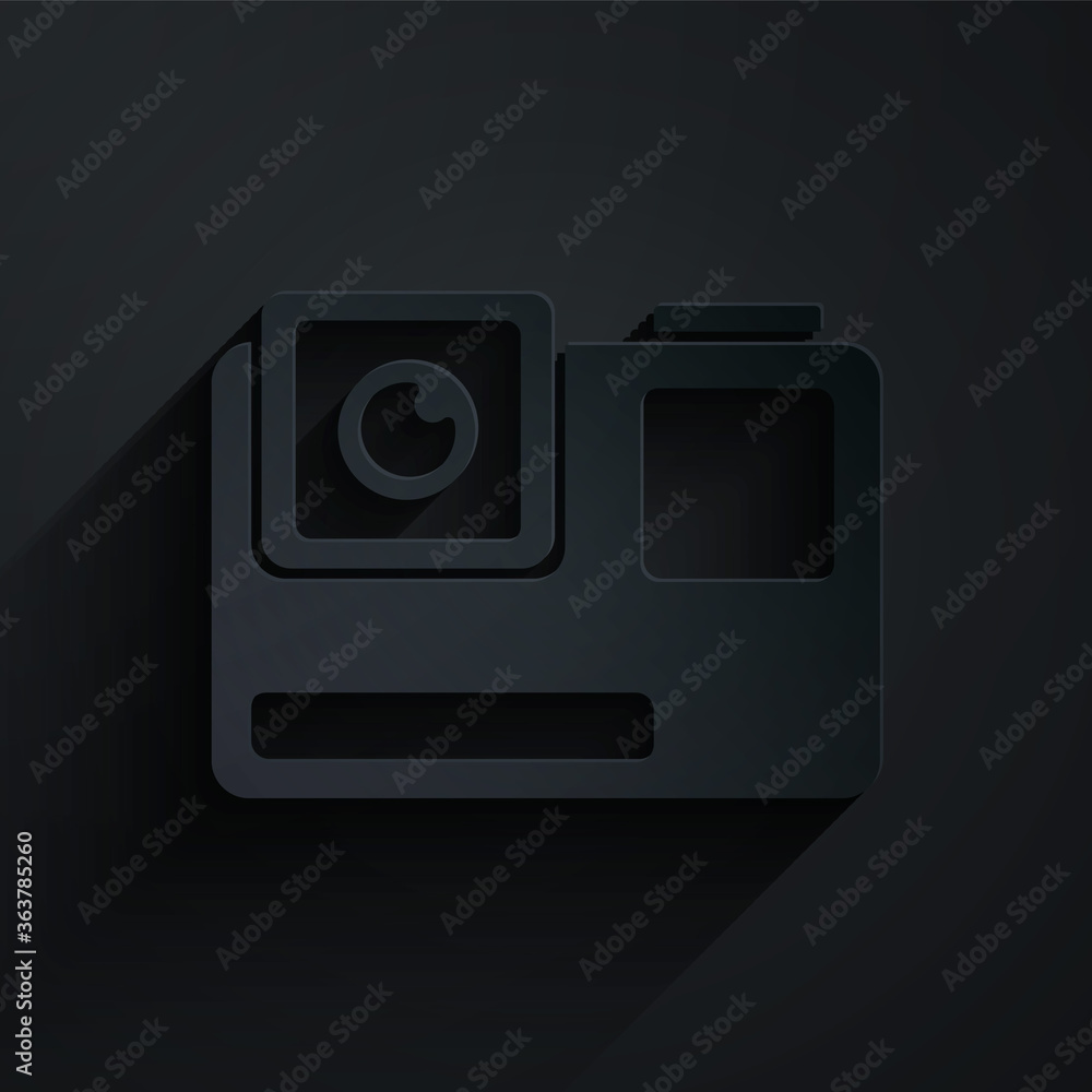 剪纸动作极限相机图标隔离在黑色背景上。用于拍摄的摄像机设备