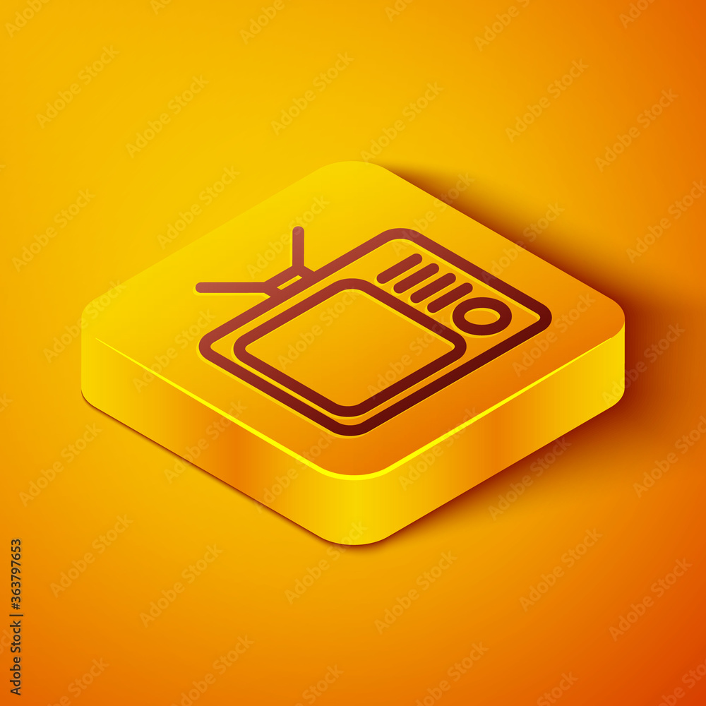 等距线复古电视图标隔离在橙色背景上。电视标志。黄色方形按钮。V
