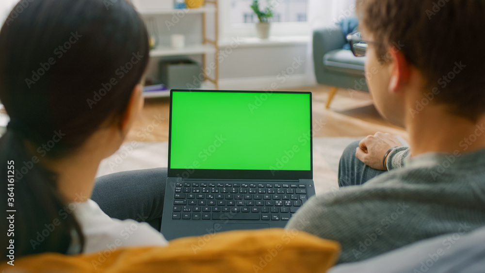 Liv的年轻男女坐在沙发上，在家使用绿色实体屏幕笔记本电脑