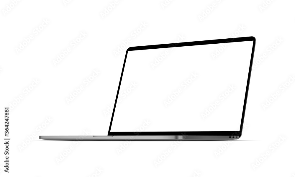 现代笔记本电脑模型，白色背景上隔离的空白屏幕，透视右视图