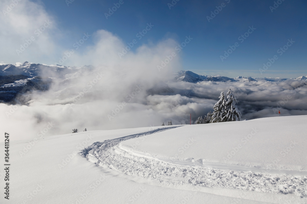 瑞士中部美丽的冬季景观中的罗滕富特徒步小径
