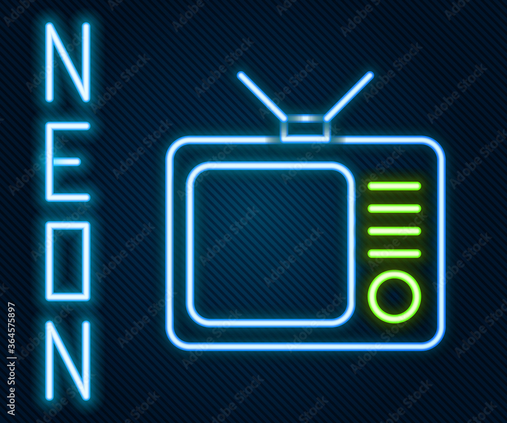 闪亮的霓虹灯线条复古电视图标隔离在黑色背景上。电视标志。彩色轮廓conc