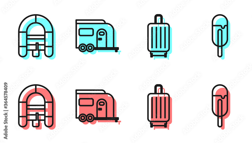 套装手提箱、漂流船、Rv露营拖车和冰淇淋图标。矢量。