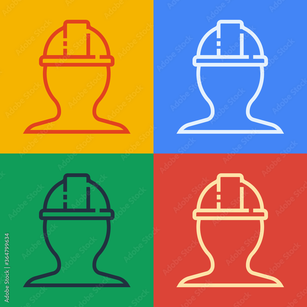 流行艺术线条工人安全帽图标隔离在彩色背景上。矢量插图。
