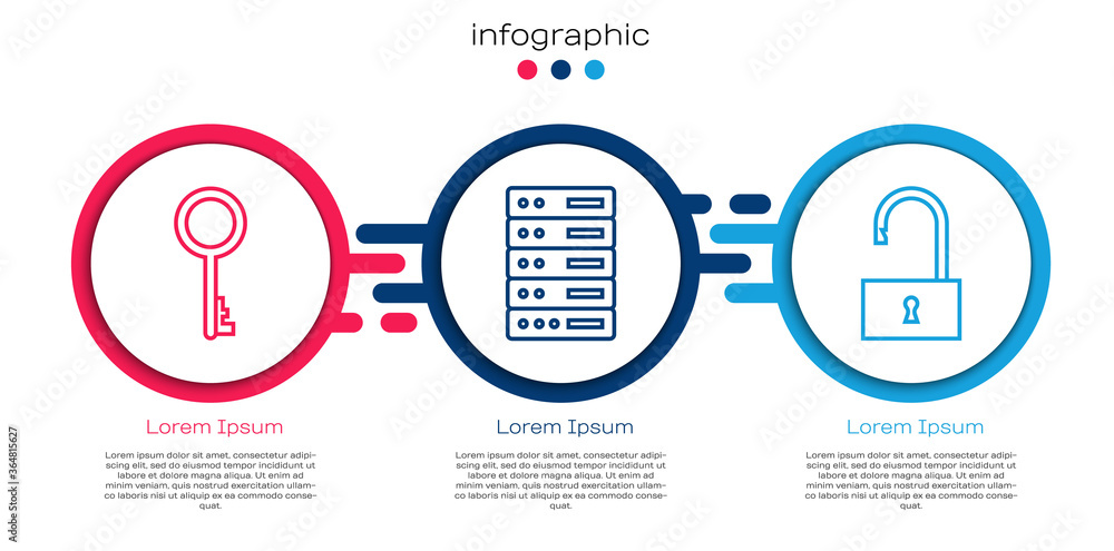 Set line Old key, Server, Data, Web Hosting and Open padlock. Business infographic template. Vector 