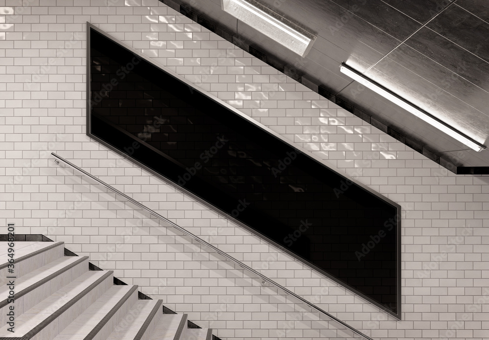 地下楼梯墙上的巴黎风格广告牌实物模型。白色全景围板广告