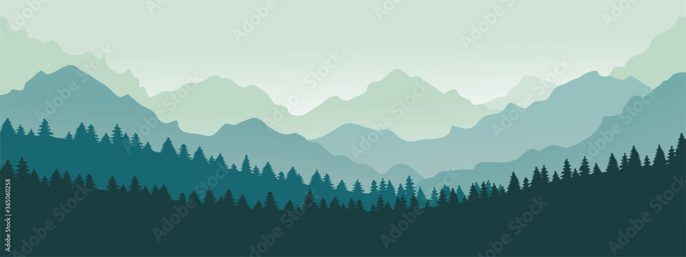 山脉全景。森林山脉景观，蓝山黄昏，露营自然之地