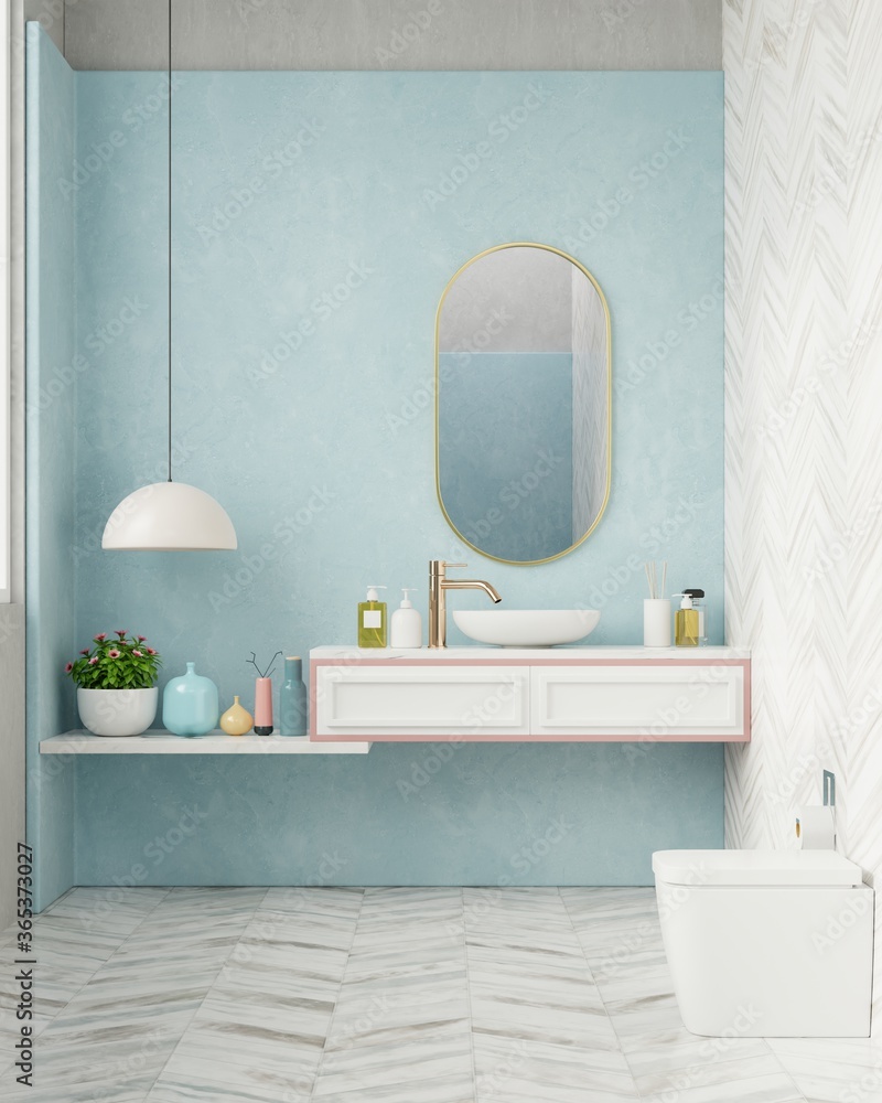 蓝色墙壁上的现代浴室室内设计。
