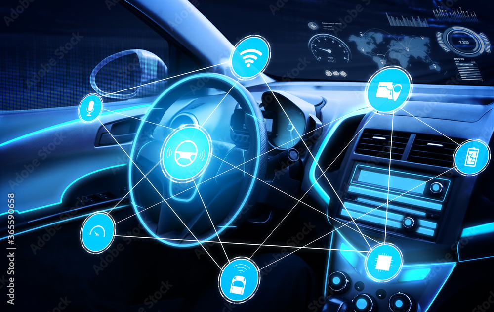 无人驾驶汽车内饰，带未来感的仪表板，用于自动控制系统。coc内部视图