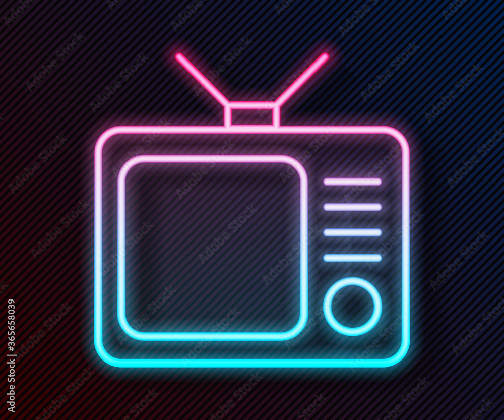 闪亮的霓虹灯线条复古电视图标隔离在黑色背景上。电视标志。矢量插图。