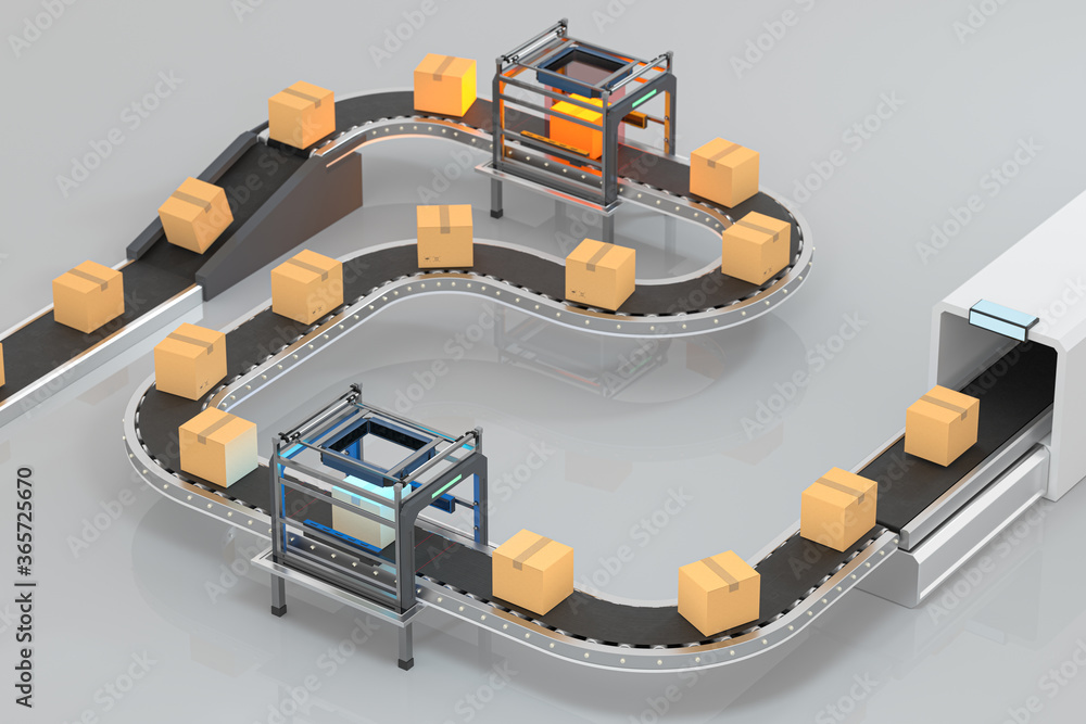 Transmitting of packaging box on the conveyor belt, 3d rendering.