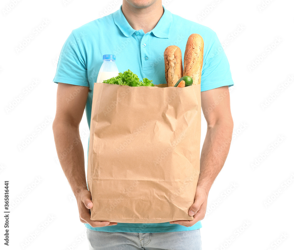 外卖员，白色背景的袋子里装着食物