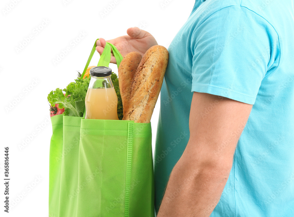 外卖员，白色背景，袋子里装着食物