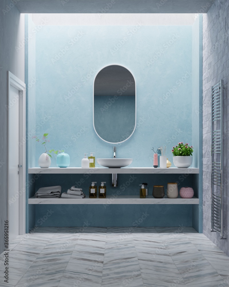 蓝色墙壁上的现代浴室室内设计。