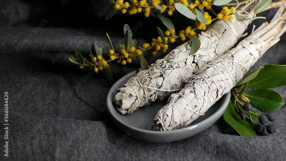 干燥的白色鼠尾草涂抹棒，放松和芳香疗法。在灵媒神秘仪式期间涂抹，