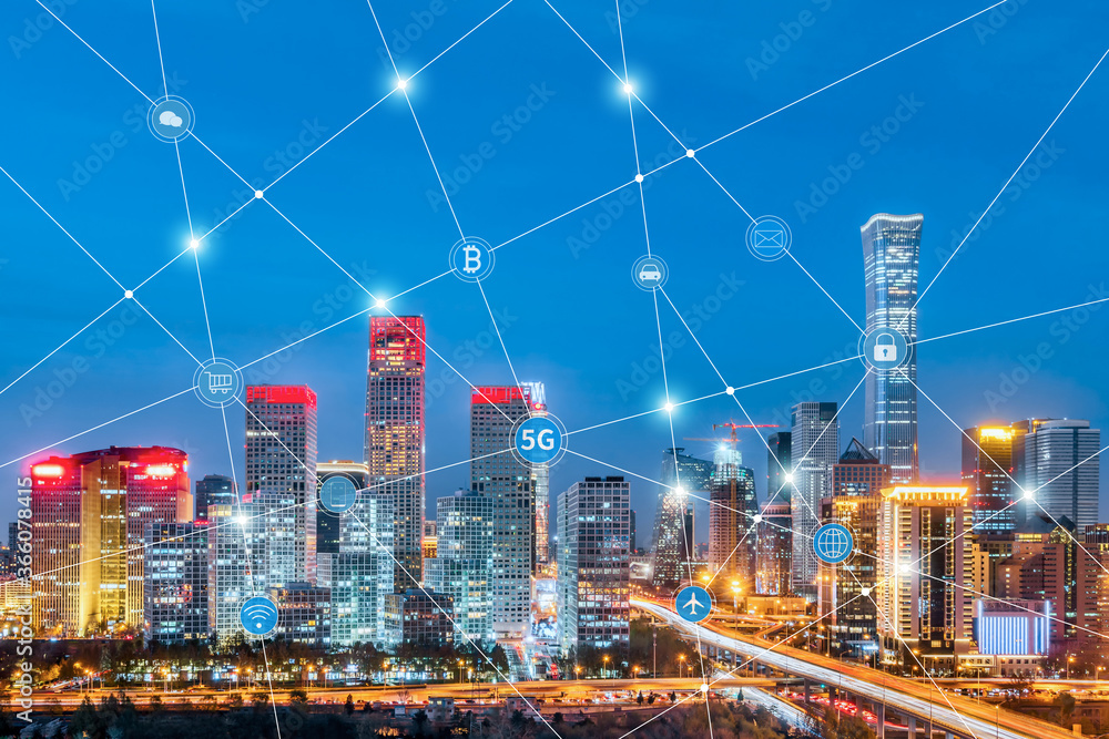 中国北京CBD建筑夜景和城市互联互通的大数据概念