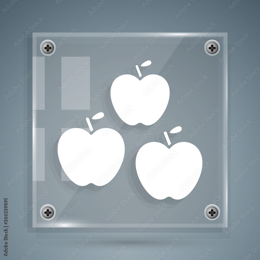 灰色背景上孤立的白苹果图标。带叶子符号的水果。方形玻璃面板。矢量Il