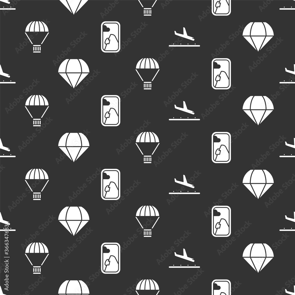 Set Plane landing, Parachute, Box flying on parachute and Airplane window on seamless pattern. Vecto