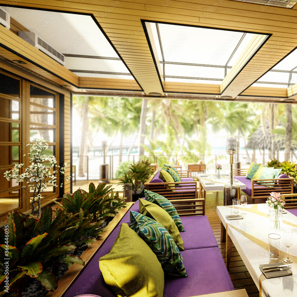 度假区内的露台冷藏和餐厅区域-专注于三维建筑可视化