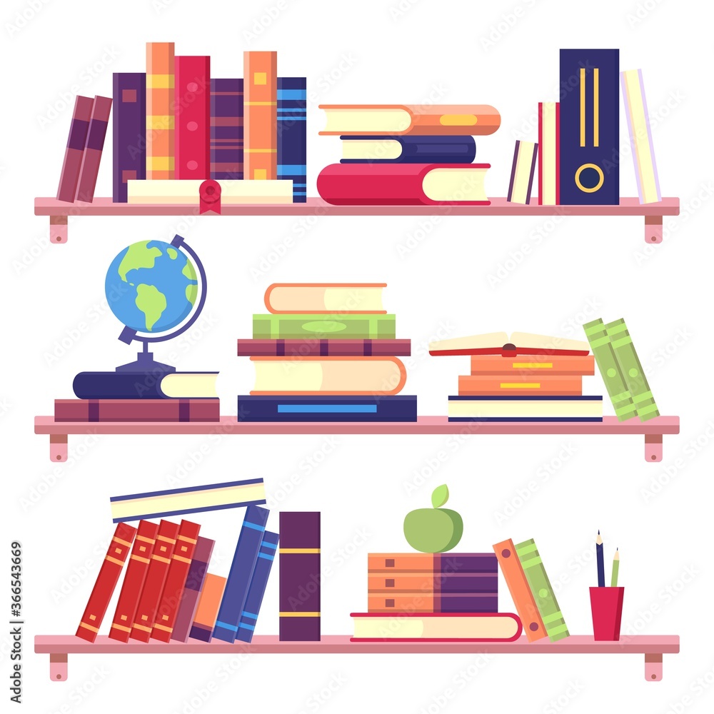 书架上有一摞书和其他物品，如活页夹、地球仪、苹果和铅笔。家庭图书馆
